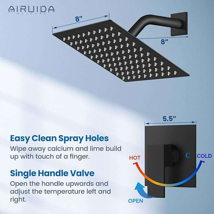 Airuida Shower Faucet Set Bathroom Rain Shower System SUS304 Stainless Steel Single Handle With Male Threads Rough-in Valve Shower Trim Kit 8 Inch Wall Mount Shower Head Matte Black - Image 3