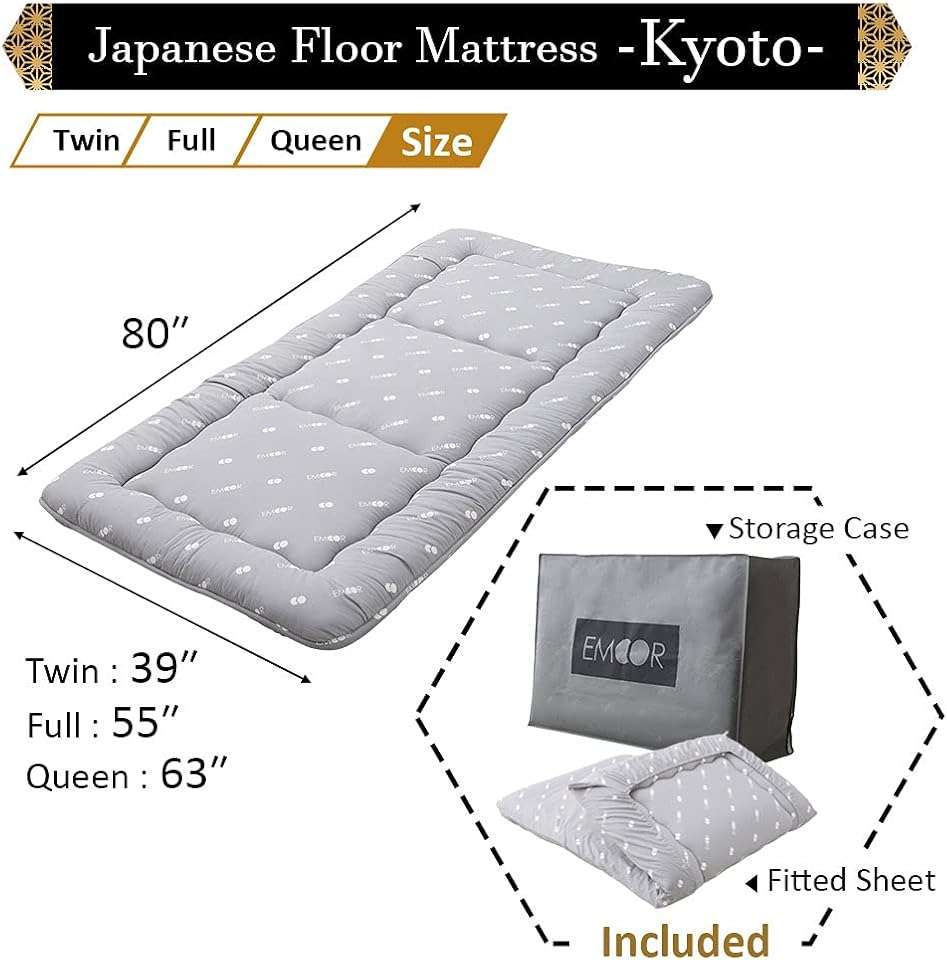 EMOOR Japanese Floor Futon Set (Mattress, Cover & Storage Case) -Kyoto- Full Size (55x80in) Gray, Sleeping Mat Tatami Bed Pad - Image 2