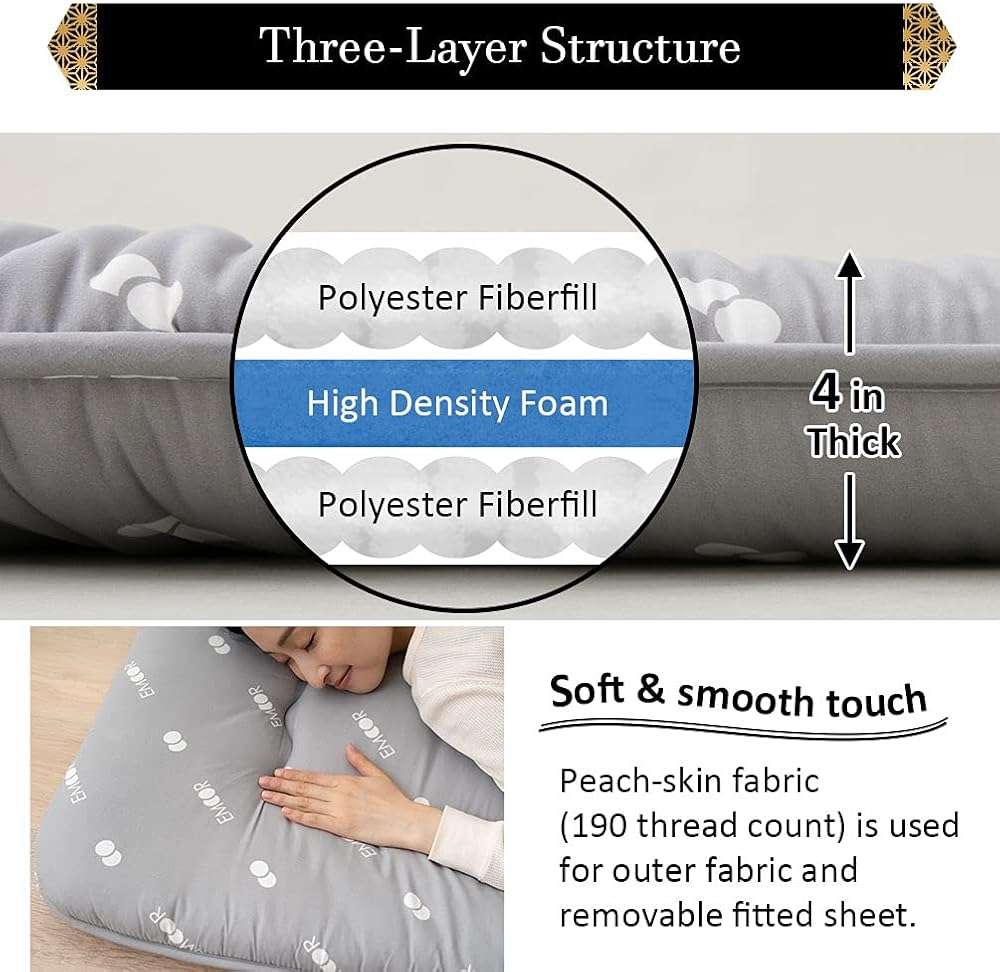 EMOOR Japanese Floor Futon Set (Mattress, Cover & Storage Case) -Kyoto- Full Size (55x80in) Gray, Sleeping Mat Tatami Bed Pad - Image 5