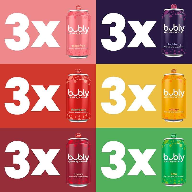 bubly Sparkling Water, 6 Flavor Variety Pack (Blackberry, Lime, Cherry, Grapefruit, Strawberry, Mango), Zero Sugar & Zero Calories, Seltzer Water, 12 Fl Oz Cans (Pack of 18) - Image 3