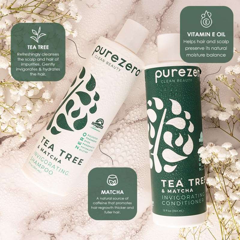 Purezero Tea Tree & Matcha Shampoo and Conditioner Set - Nourishing & Invigorating Scalp Treatment - Zero Sulfates, Parabens, Dyes Vegan and Cruely Free (12 Fl Oz (Pack of 2)) - Image 5