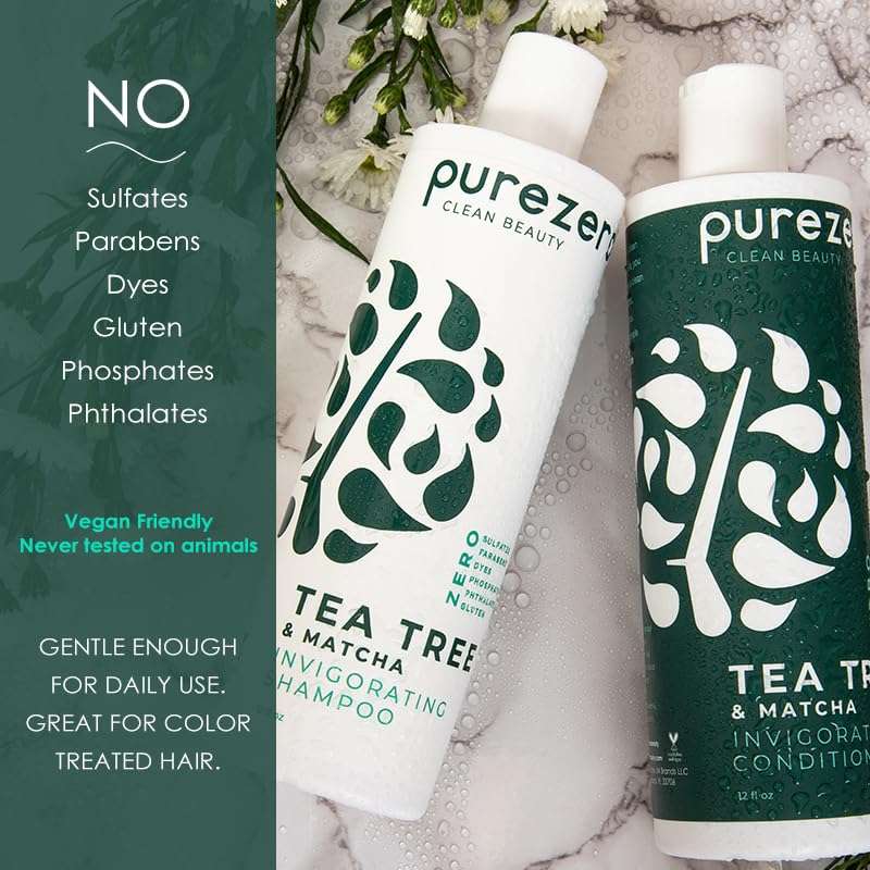Purezero Tea Tree & Matcha Shampoo and Conditioner Set - Nourishing & Invigorating Scalp Treatment - Zero Sulfates, Parabens, Dyes Vegan and Cruely Free (12 Fl Oz (Pack of 2)) - Image 6