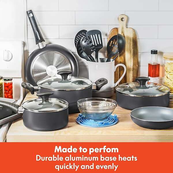bella Cookware Set with Glass Lids with Nonstick, PFOA Free and Scratch Resistant Surface, Aluminum Bakeware, Pots and Pans, Storage Bowls & Utensils, Compatible with All Stovetops, 21 Piece, Gray - Image 5