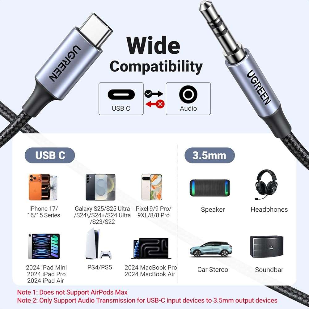UGREEN USB C to Aux Type C to 3.5mm Audio Adapter Hi-Fi Stereo Cord Headphone Male Car Auxiliary Cable Compatible with iPhone 17 16 15 Pro Max, Galaxy S25 S26 Ultra iPad Pixel 10, Grey, 3.3FT - Image 3