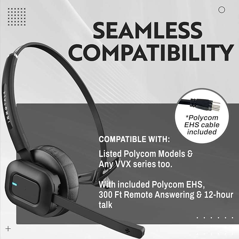 INNOTALK Wireless Headset Compatible with Polycom, Poly All VVX Models VVX150, VVX250, VVX350, VVX450, VVX500, VVX600, VVX1500 etc. - Remote Answering Feature Desk Office Phone Call Center Headset - Image 3