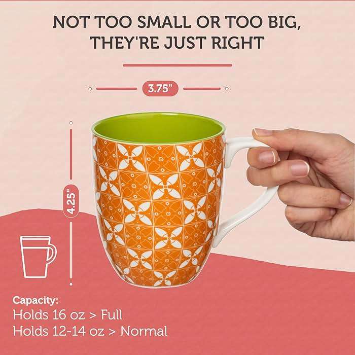 Annovero Large Coffee Mug Set of 6 - Porcelain Cups for Women or Men - Microwave & Dishwasher Safe, Chip Resistant, Zero Lead & Cadmium, for Tea, Cocoa, or Hot Chocolate, 16 Fluid Ounce Capacity - Image 3