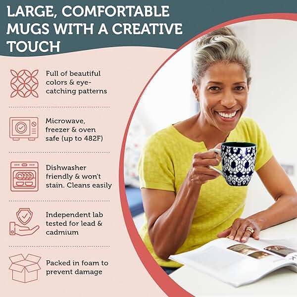 Annovero Large Coffee Mug Set of 6 - Porcelain Cups for Women or Men - Microwave & Dishwasher Safe, Chip Resistant, Zero Lead & Cadmium, for Tea, Cocoa, or Hot Chocolate, 16 Fluid Ounce Capacity - Image 5