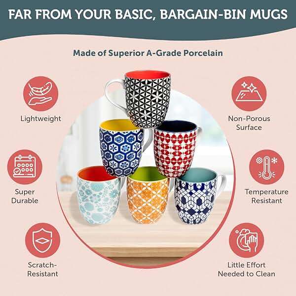 Annovero Large Coffee Mug Set of 6 - Porcelain Cups for Women or Men - Microwave & Dishwasher Safe, Chip Resistant, Zero Lead & Cadmium, for Tea, Cocoa, or Hot Chocolate, 16 Fluid Ounce Capacity - Image 6