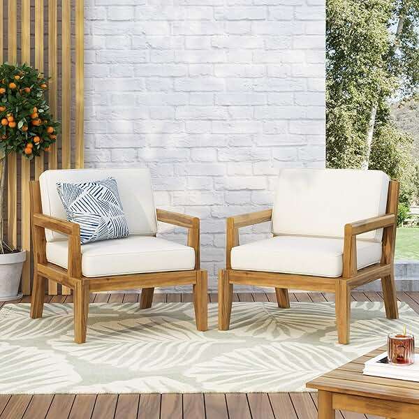 Christopher Knight Home Rossville Outdoor Club Chairs, Teak Finish + Beige - Image 2