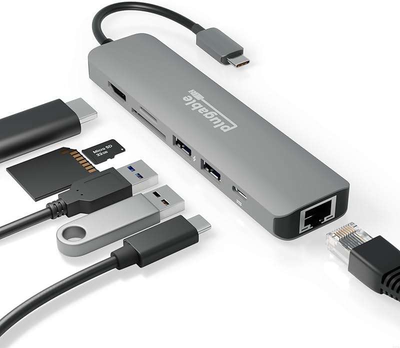 Plugable 7-in-1 USB C Hub Driverless Multiport Adapter with Ethernet, Single 4K60Hz HDMI, 100W Pass-Through Charging, 2X USB 3.0, SD/microSD, for USB-C, USB4, Thunderbolt, Mac, Windows, Chromebook - Image 1