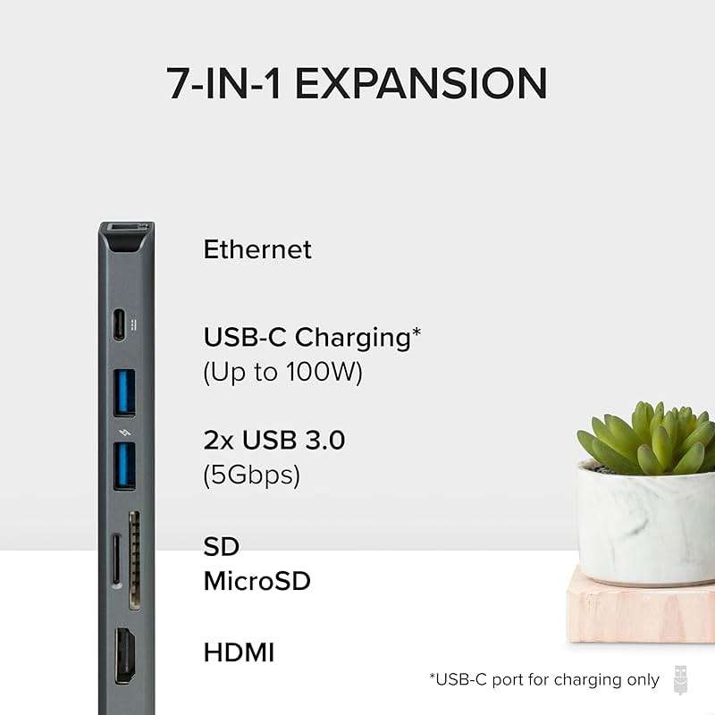 Plugable 7-in-1 USB C Hub Driverless Multiport Adapter with Ethernet, Single 4K60Hz HDMI, 100W Pass-Through Charging, 2X USB 3.0, SD/microSD, for USB-C, USB4, Thunderbolt, Mac, Windows, Chromebook - Image 2