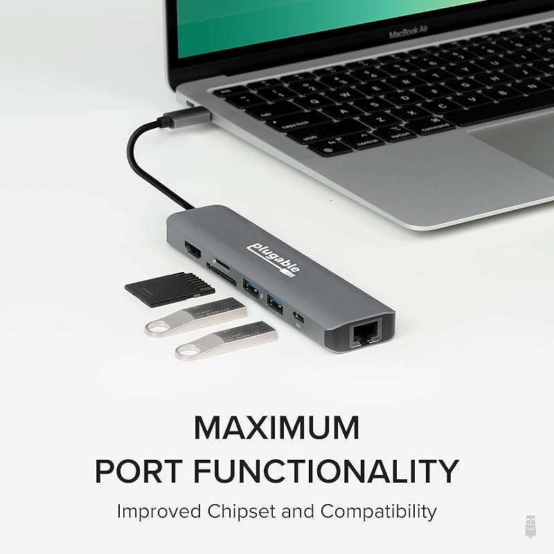 Plugable 7-in-1 USB C Hub Driverless Multiport Adapter with Ethernet, Single 4K60Hz HDMI, 100W Pass-Through Charging, 2X USB 3.0, SD/microSD, for USB-C, USB4, Thunderbolt, Mac, Windows, Chromebook - Image 6