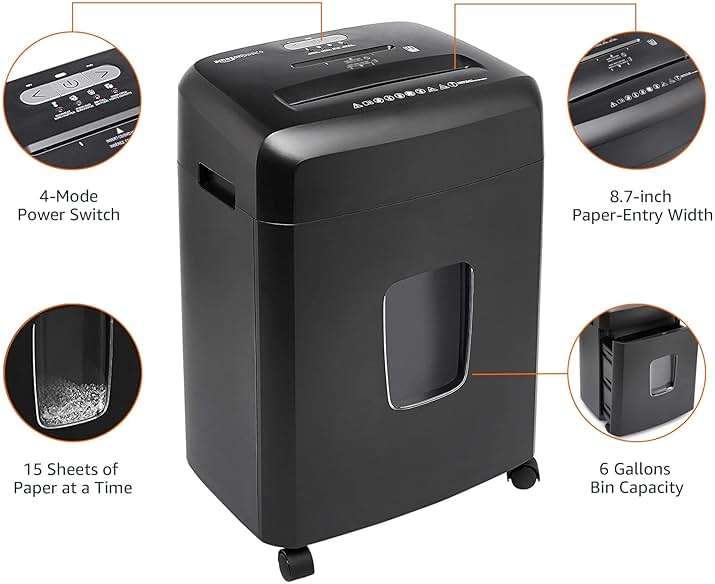 Amazon Basics 15-Sheet Cross Cut Paper Shredder for Home and Office, CD/Credit Card Shredder with 6 Gallon Wastebasket, Black - Image 8