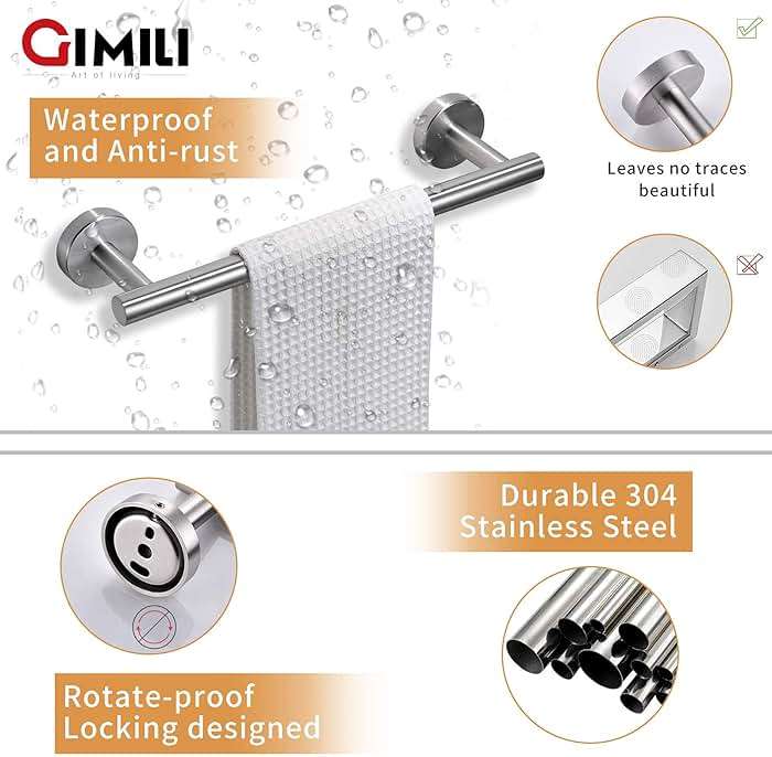 GIMILI 2 Pack 4 Piece Bathroom Hardware Set Brushed Nickel,Stainless Steel Bathroom Accessories Set, Towel bar Kit Wall Mounted, Toilet Paper Holder, Towel Bars, Robe Hook,Towel Rails and Rings - Image 8