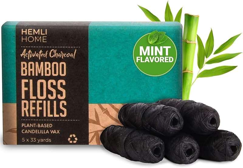 Bamboo Charcoal Dental Floss Refills, Bambo Woven Fibres, 5 x 33 Yards, Organic Refillable Dental Floss, Natural Floss, Eco-Friendly Floss. Plant-Based Candelilla Wax Floss with Natural Mint Flavoring - Image 1
