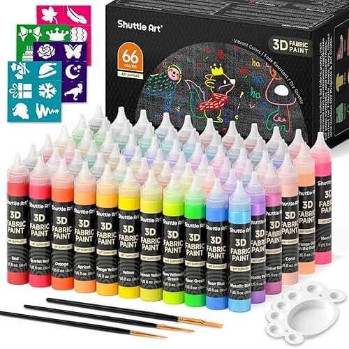 66 Colors Fabric Paint, Shuttle Art 3D Fabric Paint with Stencil and Brushes, Permanent Textile Paint Includes Neon, Metallic, Glitter and Glow in the Dark Paint, Ideal for Clothing and DIY Decoration - Image 1