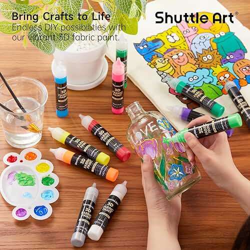 66 Colors Fabric Paint, Shuttle Art 3D Fabric Paint with Stencil and Brushes, Permanent Textile Paint Includes Neon, Metallic, Glitter and Glow in the Dark Paint, Ideal for Clothing and DIY Decoration - Image 2