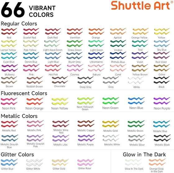 66 Colors Fabric Paint, Shuttle Art 3D Fabric Paint with Stencil and Brushes, Permanent Textile Paint Includes Neon, Metallic, Glitter and Glow in the Dark Paint, Ideal for Clothing and DIY Decoration - Image 3