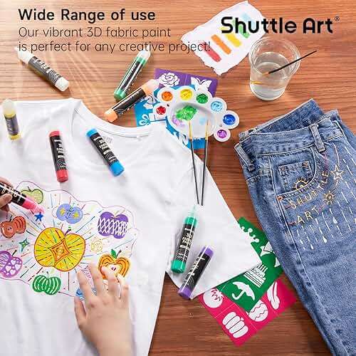 66 Colors Fabric Paint, Shuttle Art 3D Fabric Paint with Stencil and Brushes, Permanent Textile Paint Includes Neon, Metallic, Glitter and Glow in the Dark Paint, Ideal for Clothing and DIY Decoration - Image 5