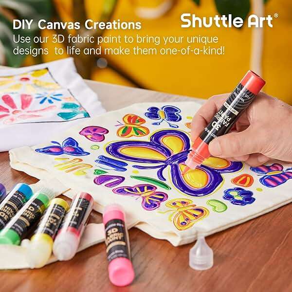 66 Colors Fabric Paint, Shuttle Art 3D Fabric Paint with Stencil and Brushes, Permanent Textile Paint Includes Neon, Metallic, Glitter and Glow in the Dark Paint, Ideal for Clothing and DIY Decoration - Image 6