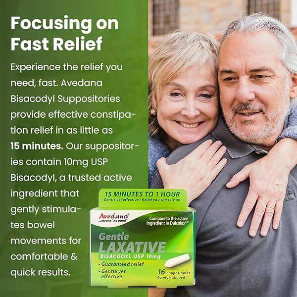 AVEDANA Bisacodyl Laxative Suppository | USP 10mg for Fast, Gentle Constipation Relief | Comfort-Shaped, Pack of 16 Suppositories - Image 6