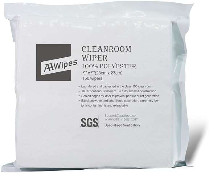 AAWipes Cleanroom Cloth Wipes 9"x9" (Bag of 150 Pcs) Double Knit 100% Polyester Wipers Lint Free Cloths with Ultra-fine Filaments, Laser Sealed Edge, Class 100 Cloths, Ultra-soft Wipes CP14009 - Image 1