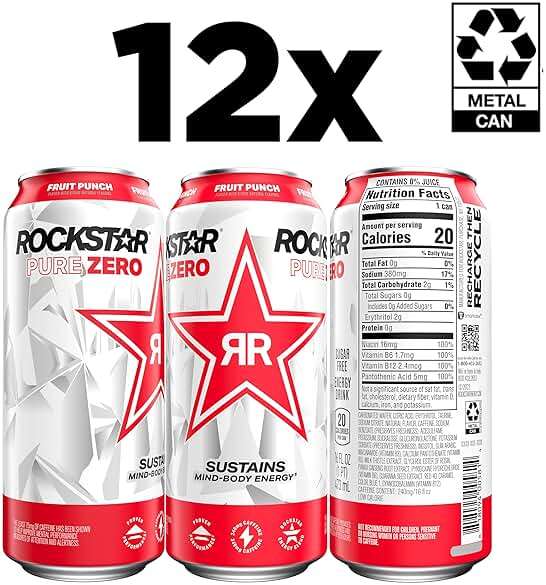Rockstar Pure Zero Energy Drink, Fruit Punch, 0 Sugar, with Caffeine and Taurine, 16oz Cans (12 Pack) (Packaging May Vary) - Image 3