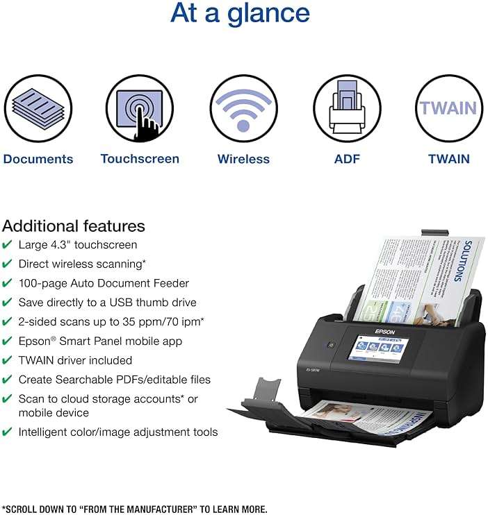 Epson Workforce ES-580W Wireless Color Duplex Desktop Document Scanner for Computers Including PC and Mac with 100 Sheet ADF Auto Feeder and Intuitive 4.3 in Touchscreen, Black - Image 2