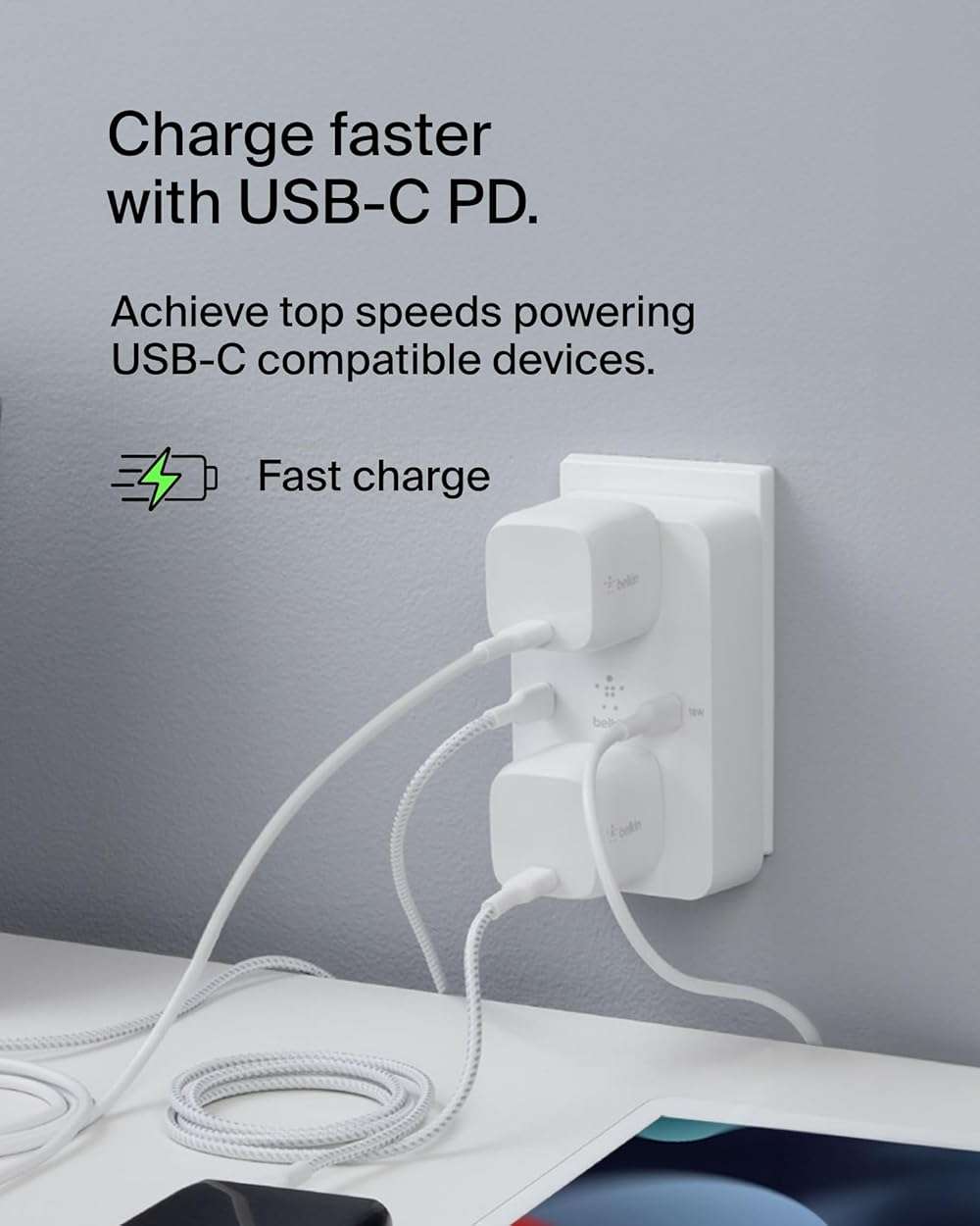 Belkin Multi-Outlet Extender, Fast Charging USB-C Plug Adapter - Safe Charge for MacBook Pro, Chromebook, Apple iPhone 17, Air, 16, 15, 14, Samsung Galaxy S25, Nintendo Switch 2, & More - White - Image 3