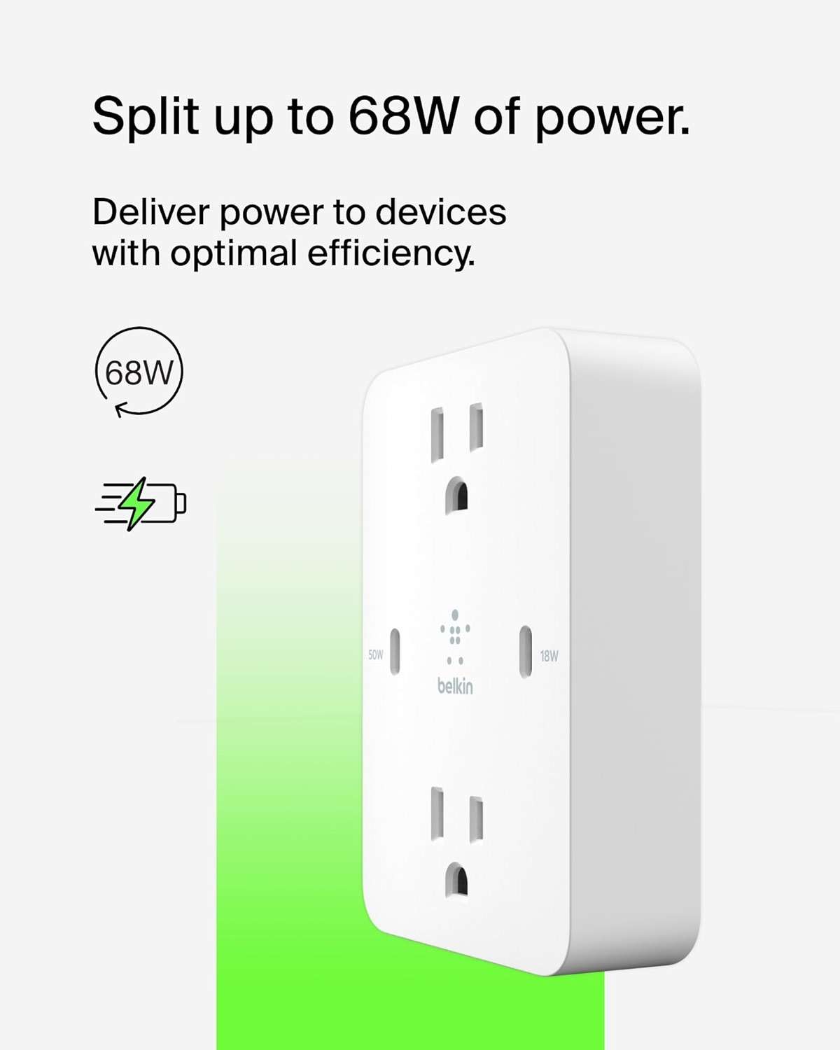 Belkin Multi-Outlet Extender, Fast Charging USB-C Plug Adapter - Safe Charge for MacBook Pro, Chromebook, Apple iPhone 17, Air, 16, 15, 14, Samsung Galaxy S25, Nintendo Switch 2, & More - White - Image 5