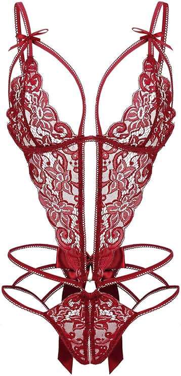 Donnalla Women's Deep V Lace Teddy One Piece Lingerie Cutout Strappy Lingerie - Image 1