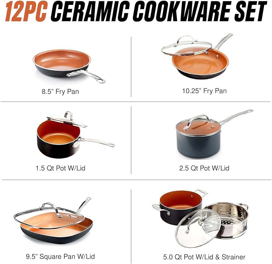 Gotham Steel 12 Pc Ceramic Cookware Set Nonstick, Ceramic Pots and Pans Set Non Stick with Steamer for Cooking, Non Toxic PFOA PFOS Free, Ergonomic Stay Cool Handles, Oven & Dishwasher Safe, Copper - Image 2