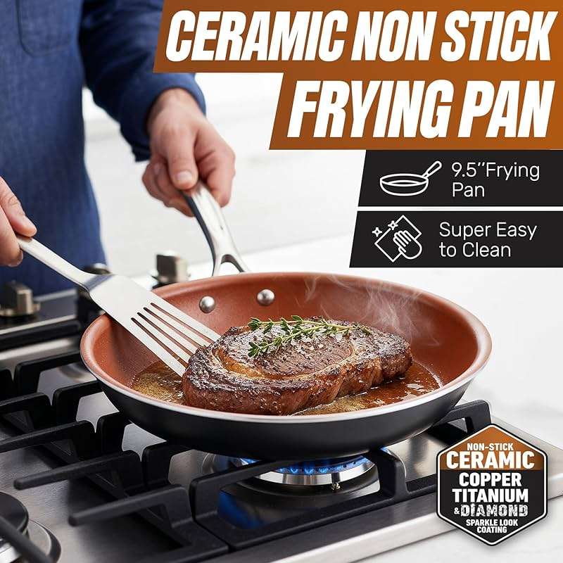 Gotham Steel 12 Pc Ceramic Cookware Set Nonstick, Ceramic Pots and Pans Set Non Stick with Steamer for Cooking, Non Toxic PFOA PFOS Free, Ergonomic Stay Cool Handles, Oven & Dishwasher Safe, Copper - Image 4