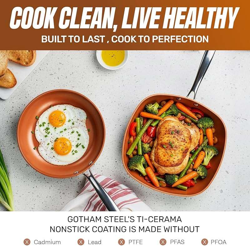 Gotham Steel 12 Pc Ceramic Cookware Set Nonstick, Ceramic Pots and Pans Set Non Stick with Steamer for Cooking, Non Toxic PFOA PFOS Free, Ergonomic Stay Cool Handles, Oven & Dishwasher Safe, Copper - Image 5