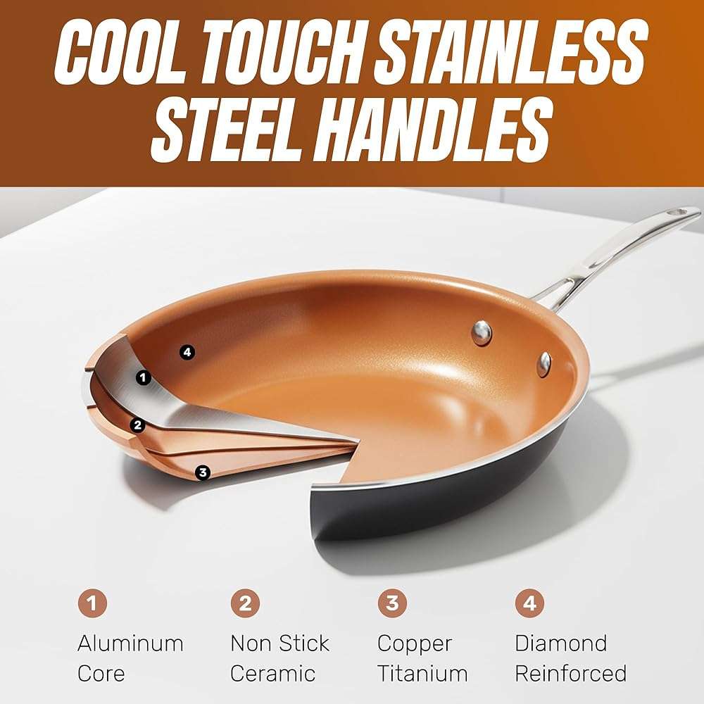 Gotham Steel 12 Pc Ceramic Cookware Set Nonstick, Ceramic Pots and Pans Set Non Stick with Steamer for Cooking, Non Toxic PFOA PFOS Free, Ergonomic Stay Cool Handles, Oven & Dishwasher Safe, Copper - Image 6