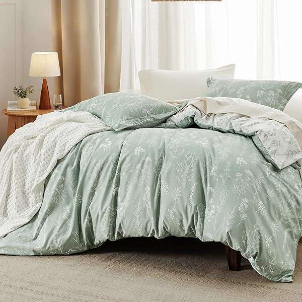 Bedsure Queen Comforter Set - Sage Green Bed Set, 3 Pieces Lightweight Summer Cute Floral Bedding, 1 Soft Reversible Botanical Flowers Comforter and 2 Pillow Shams - Image 2