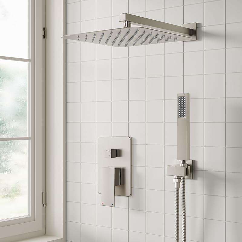 ESNBIA Shower System,10 Inches Shower Faucet Set with Pressure Balance Valve, Rain Shower Head with Handheld Spray Combo, Brushed Nickel - Image 2