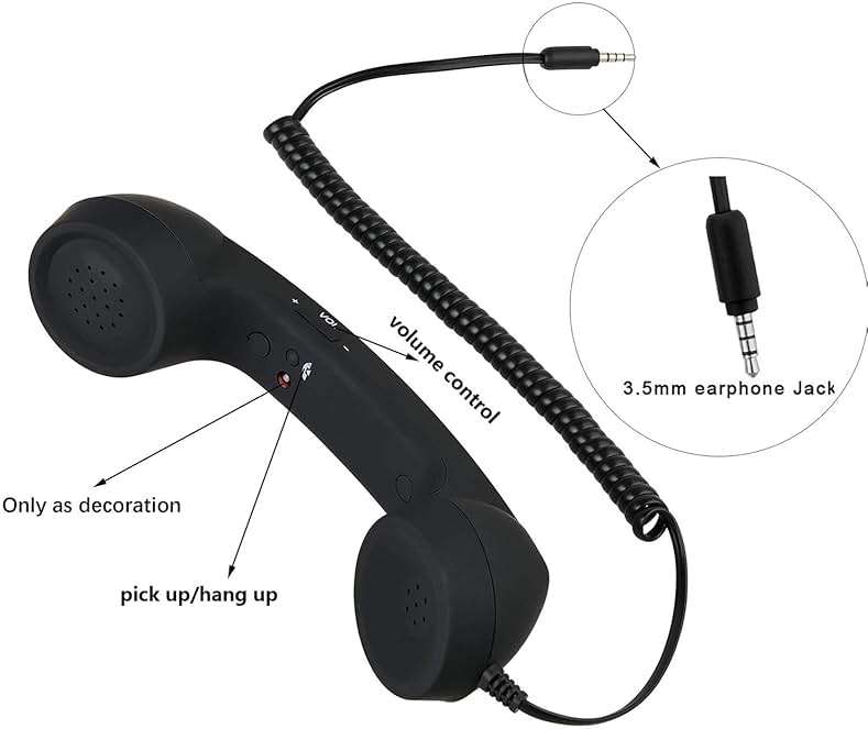 YTYKINOY Retro 3.5mm Telephone Handset Cell Phone Receiver Mic Microphone Speaker for iPhone iPad Mobile Phones Cellphone Smartphone (Black) - Image 3