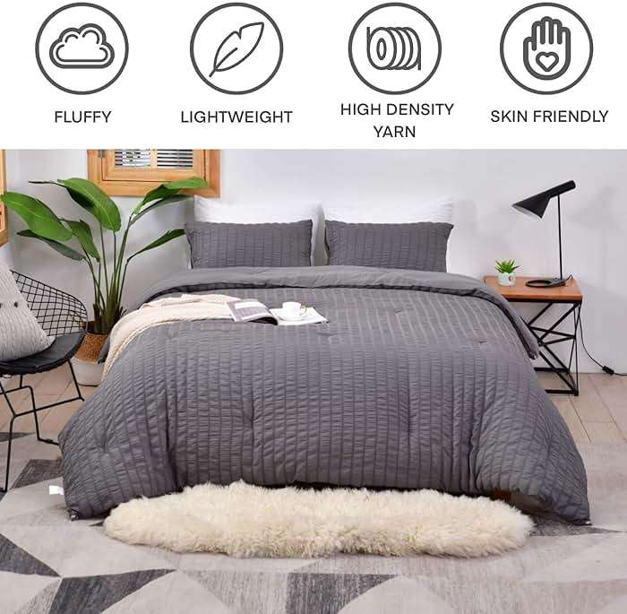 AveLom Seersucker Queen Comforter Set (90x90 inches), 3 Pieces- 100% Soft Washed Microfiber Lightweight Comforter with 2 Pillowcases, All Season Down Alternative Comforter Set for Bedding, Grey - Image 2