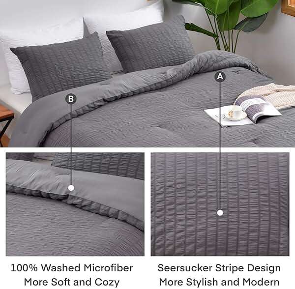 AveLom Seersucker Queen Comforter Set (90x90 inches), 3 Pieces- 100% Soft Washed Microfiber Lightweight Comforter with 2 Pillowcases, All Season Down Alternative Comforter Set for Bedding, Grey - Image 4