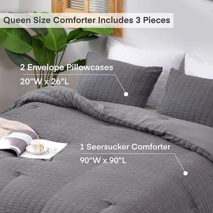 AveLom Seersucker Queen Comforter Set (90x90 inches), 3 Pieces- 100% Soft Washed Microfiber Lightweight Comforter with 2 Pillowcases, All Season Down Alternative Comforter Set for Bedding, Grey - Image 6