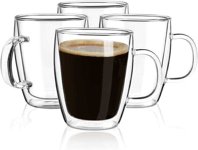 YUNCANG Double Wall Coffee Mugs, (4-Pcak) 16 Ounces-Clear Glass Cups with Handle,lnsulated,Cappuccino,Tea,Latte Cups,Beverage Glasses Heat Resistant - Image 1