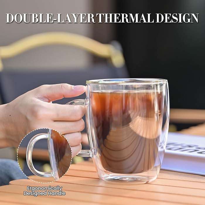 YUNCANG Double Wall Coffee Mugs, (4-Pcak) 16 Ounces-Clear Glass Cups with Handle,lnsulated,Cappuccino,Tea,Latte Cups,Beverage Glasses Heat Resistant - Image 4