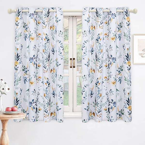 MYSKY HOME Floral Blackout Curtains 63 Inch Long Living Room Bedroom Summer Curtains Thermal Insulated Curtains Room Darkening Curtains Printed Flower Leaf Window Treatments, 2 Panels, Yellow and Blue - Image 2