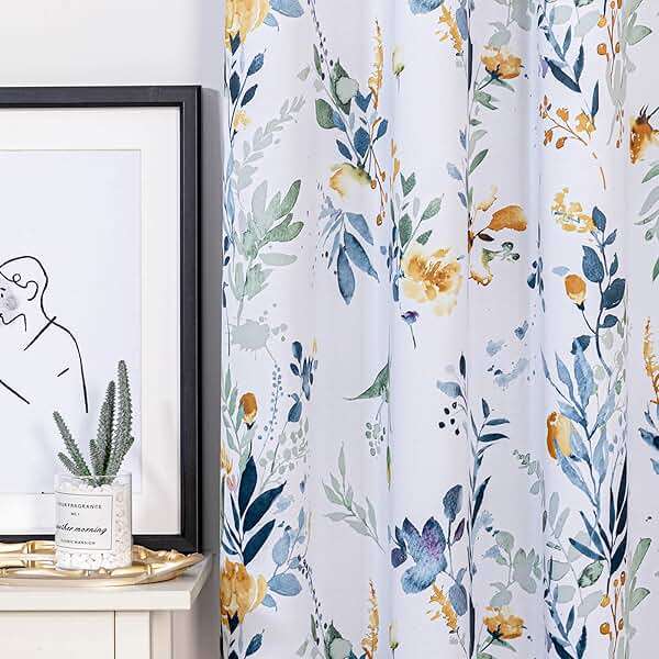 MYSKY HOME Floral Blackout Curtains 63 Inch Long Living Room Bedroom Summer Curtains Thermal Insulated Curtains Room Darkening Curtains Printed Flower Leaf Window Treatments, 2 Panels, Yellow and Blue - Image 8