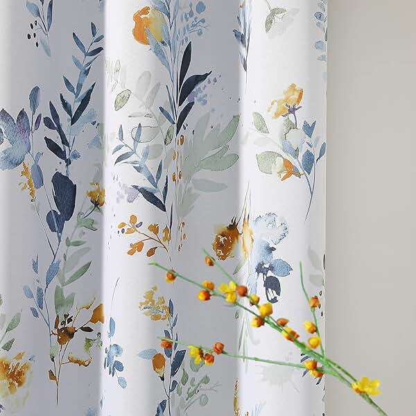 MYSKY HOME Floral Curtains 84 inches Long Living Room Curtains Room Darkening Curtains Thermal Insulated Light Blocking Drapes Grommet for Bedroom Bathroom, 2 Panels, Yellow and Blue - Image 1