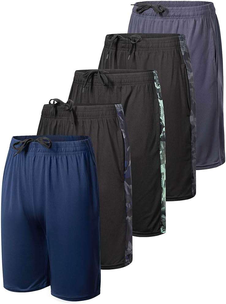 Real Essentials 5 Pack: Boys' Dry Fit Basketball Shorts for Youth Kids Teens - Athletic Running Soccer Sports with Pockets - Image 1