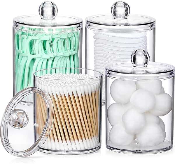 4 Pack Acrylic Qtip Holder Dispenser for Cotton Swabs, Balls, Pads, Floss Picks- Small Clear Acrylic Canister Apothecary Jar Set, Bathroom Essentials Accessories Decor, Vanity Makeup Storage Organizer - Image 1