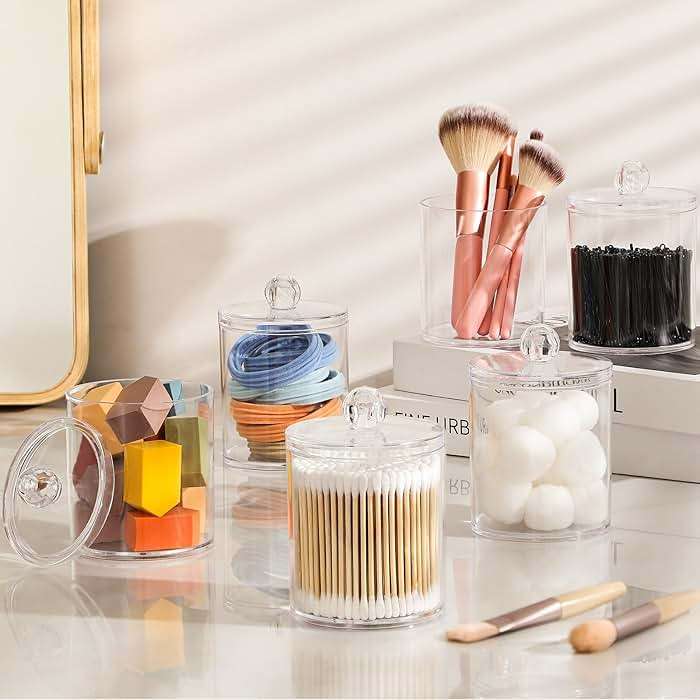 4 Pack Acrylic Qtip Holder Dispenser for Cotton Swabs, Balls, Pads, Floss Picks- Small Clear Acrylic Canister Apothecary Jar Set, Bathroom Essentials Accessories Decor, Vanity Makeup Storage Organizer - Image 2