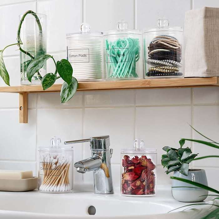 4 Pack Acrylic Qtip Holder Dispenser for Cotton Swabs, Balls, Pads, Floss Picks- Small Clear Acrylic Canister Apothecary Jar Set, Bathroom Essentials Accessories Decor, Vanity Makeup Storage Organizer - Image 8